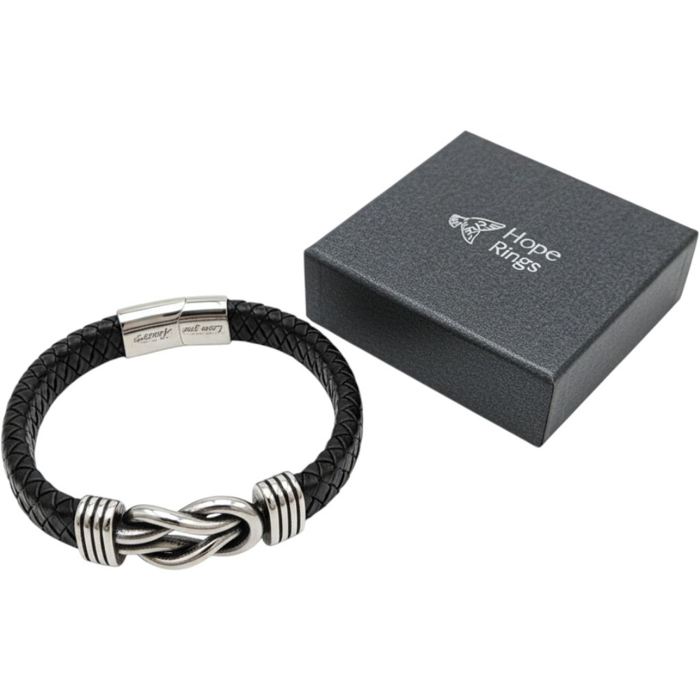 Hope Rings Mens Braided Black Leather Double Knot Bracelet Magnetic Clasp Boxed